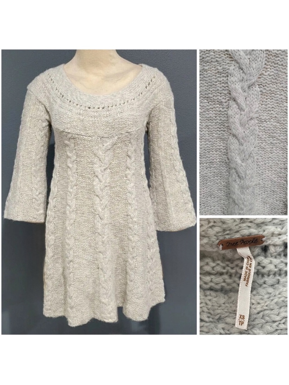 FREE PEOPLE Cable Knit Wool Blend Sweater Dress Small Grey